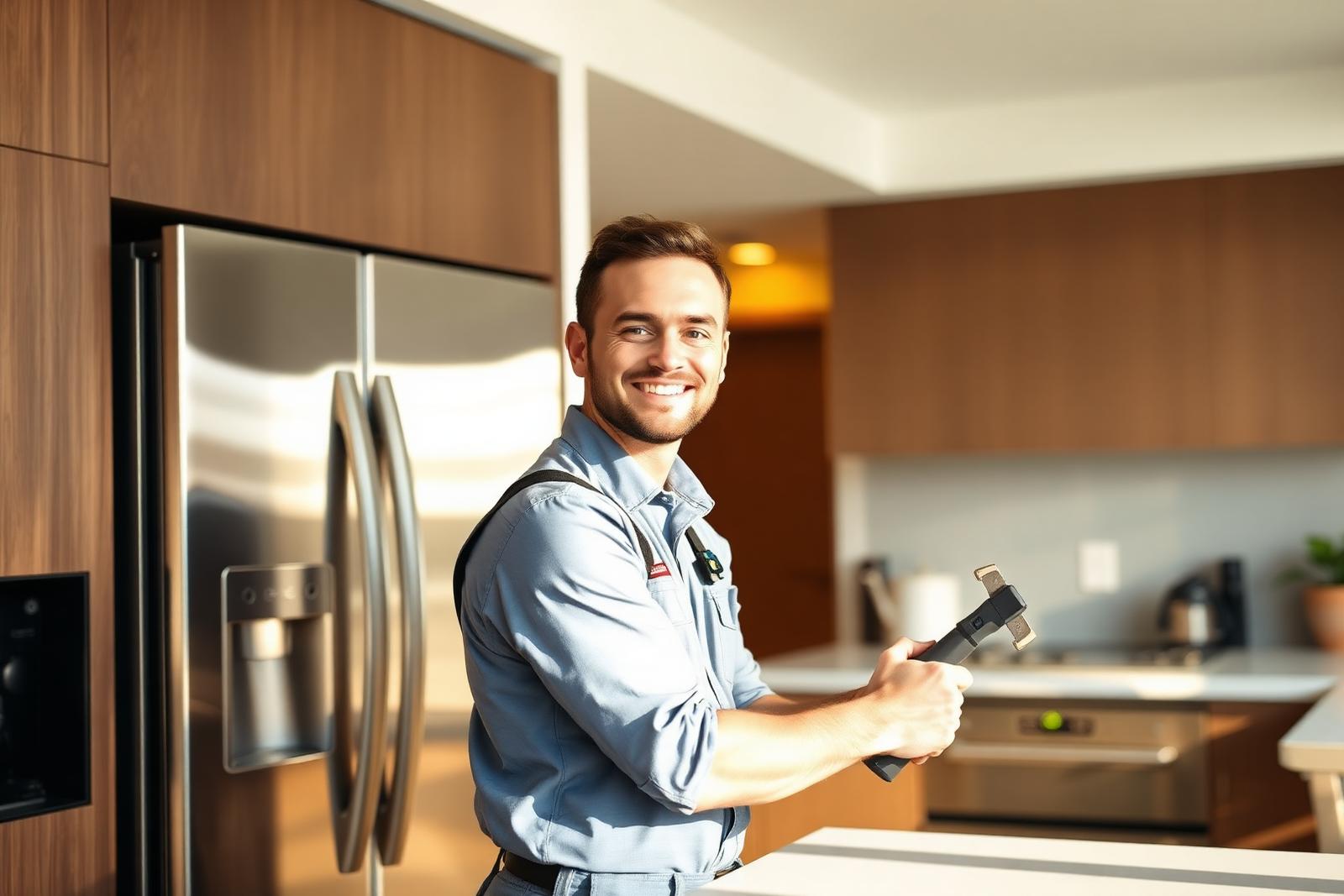 Appliance repair technician fixing a refrigerator in a modern Fort Lauderdale kitchen